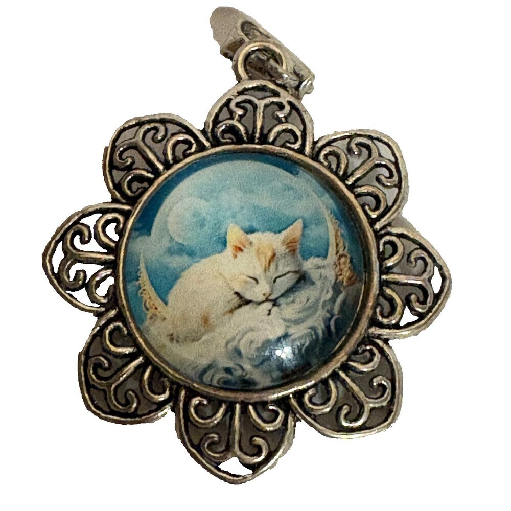 Cat Kitten Moon Round Glass Art Flower Pendant Charm (No Chain) Gift 2